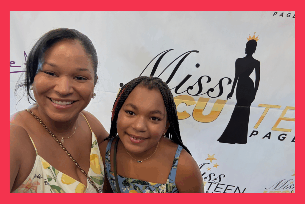 Sarah and Liv pose in front of the Miss HBCU Teen Pageant Photo Booth