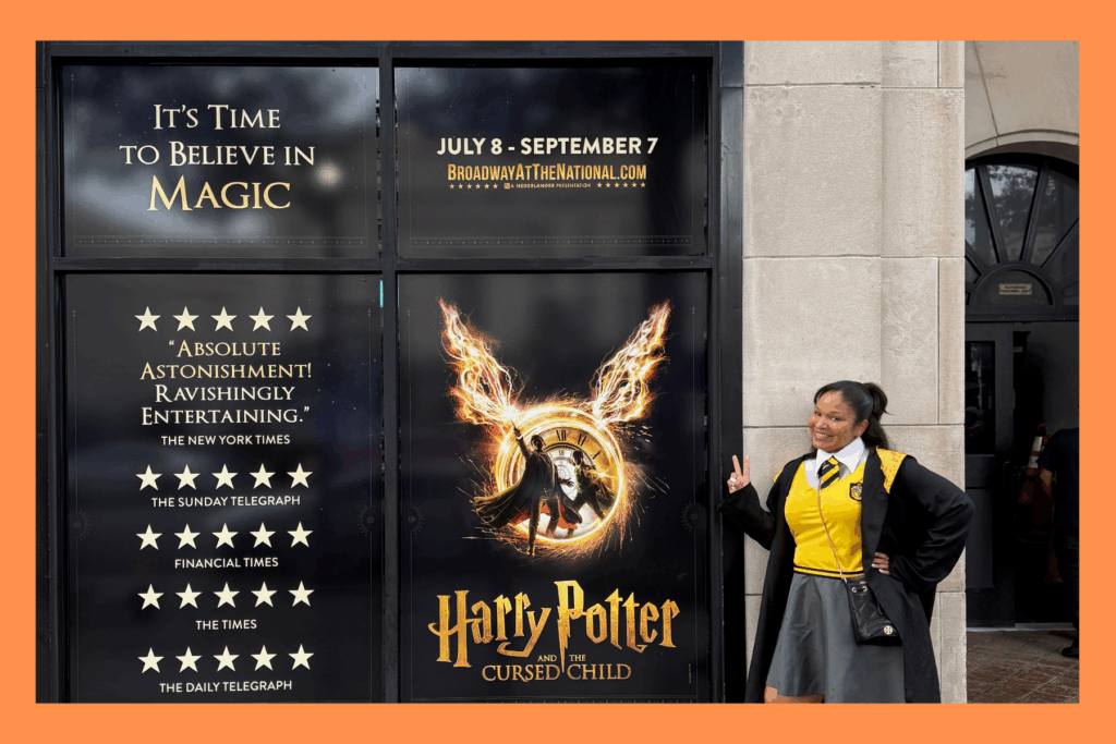Sarah next to the Harry Potter and the Cursed Child poster