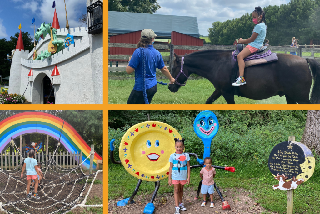 Collage of children exploring colorful nursery rhyme and storybook attractions at Clark's Elioak Farm in Ellicott City, Maryland.