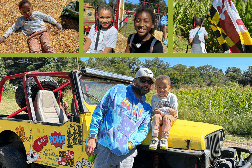 Liv and Jack pose with a friend and Uncle at Maryland Corn Maze