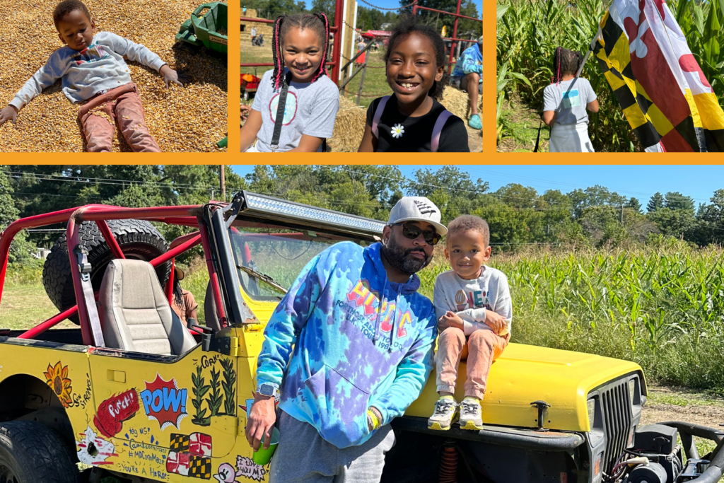 Liv and Jack pose with a friend and Uncle at Maryland Corn Maze.