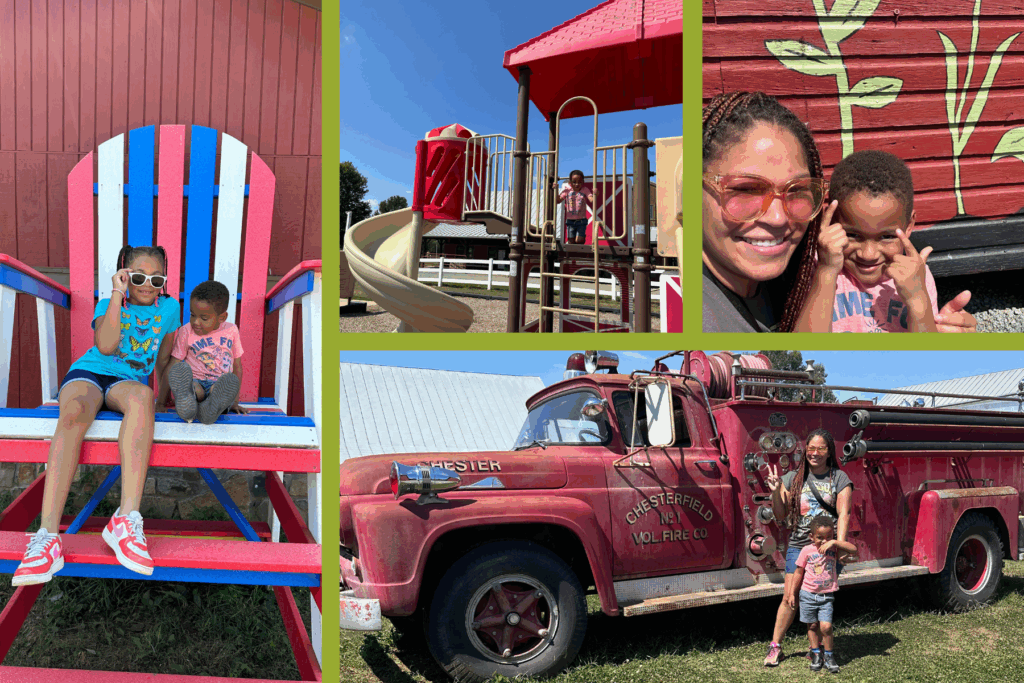 Sarah, Jack and Liv pose in front of various photo ops at Temple Hall plus their on-site playground.