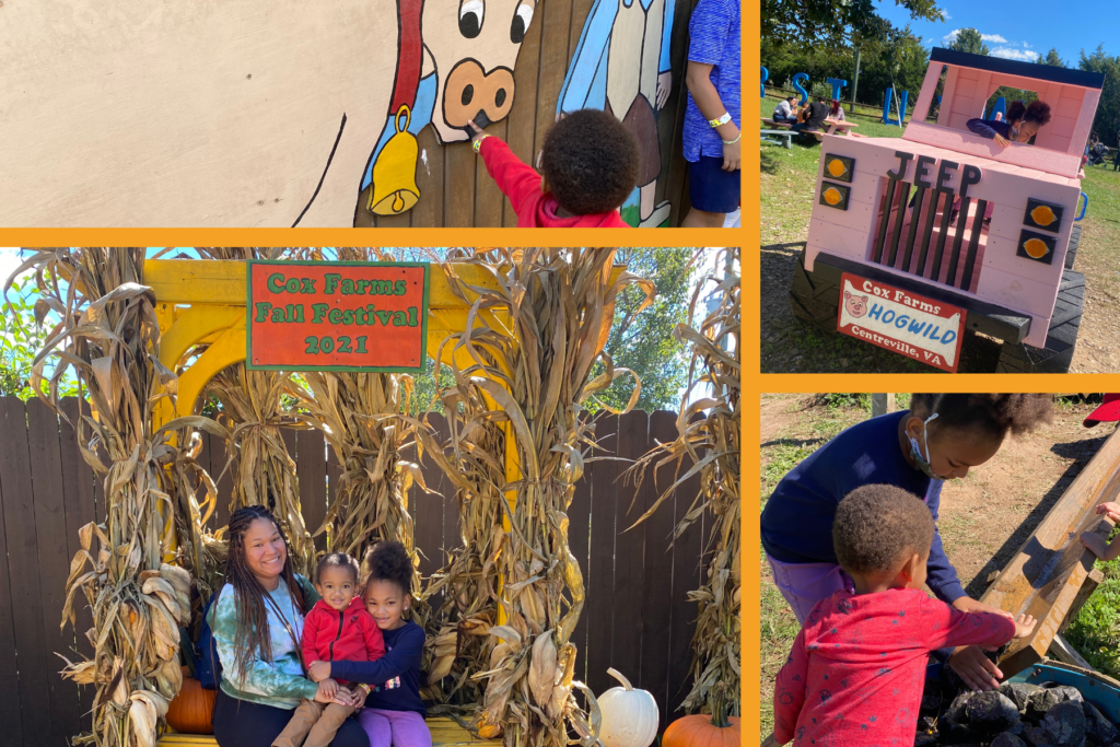 A mom and two kids pose in front of the Cox Farms Fall Festival Wall plus other amenities at the farm.