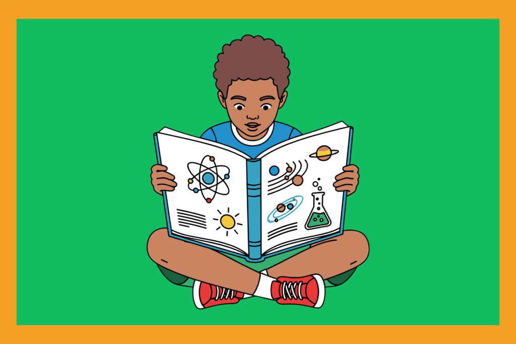 vector graphic of a young boy reading a science book.