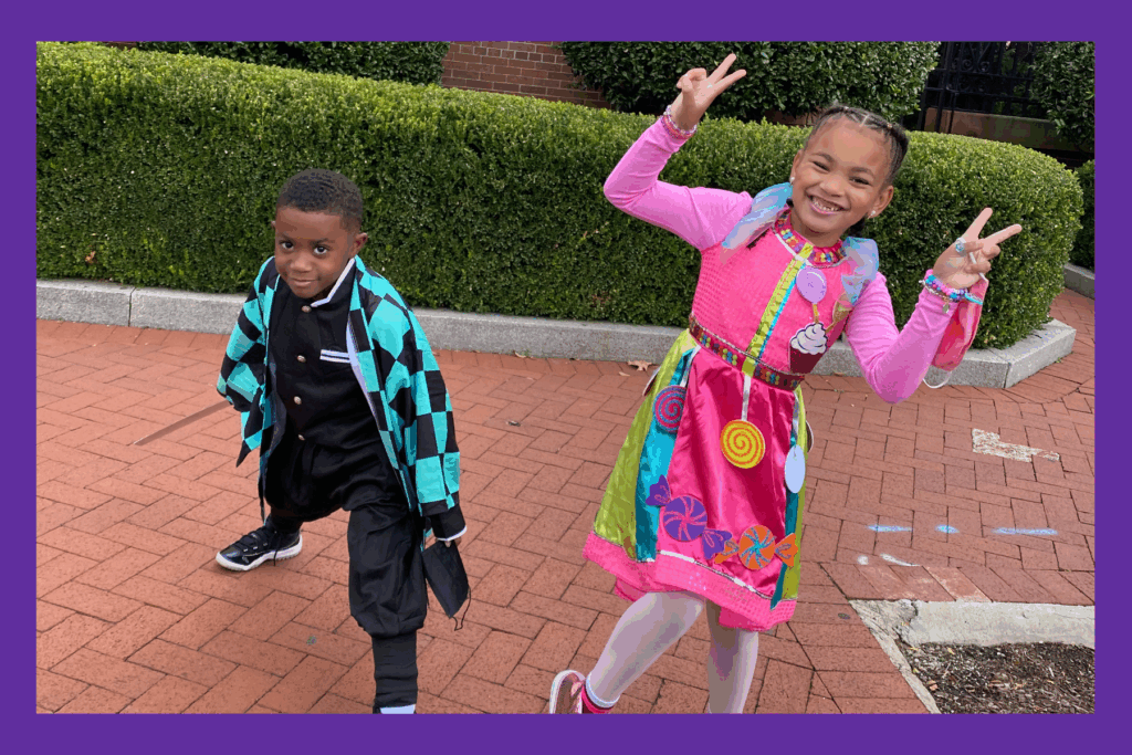 Liv and friend pose in halloween costumes