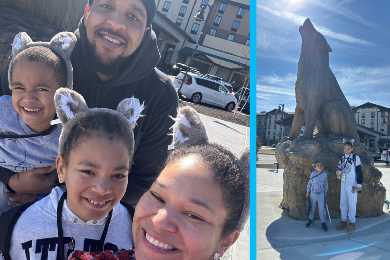 The Acors at Great Wolf Lodge Maryland with the wolf outside of the resort