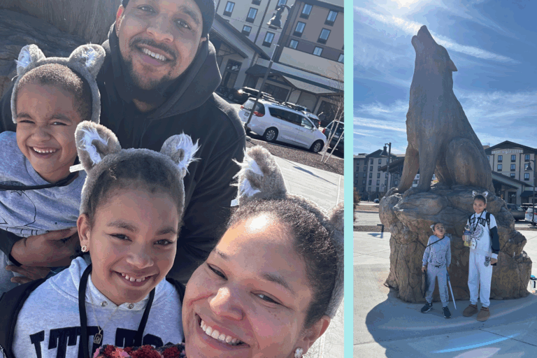 The Acors at Great Wolf Lodge Maryland with the wolf outside of the resort