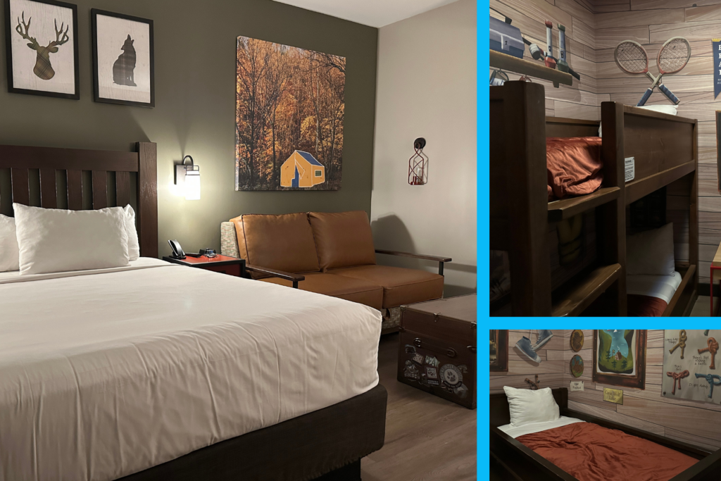 inside look at the KidCabin Suite, which includes a queen bed and lounge area + the kids room bunk bed