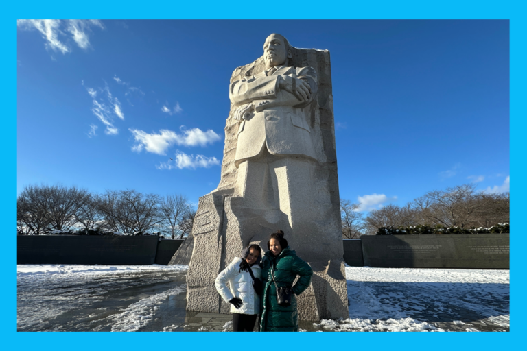 Sarah and liv pose at the MLK memorial on the National Mall