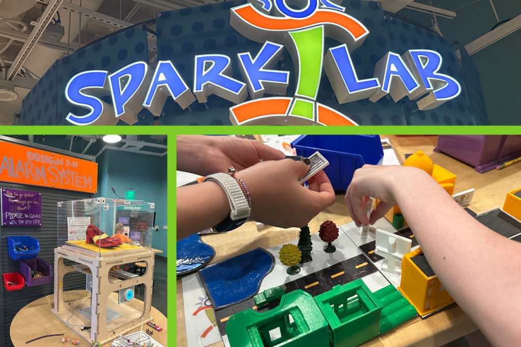 Spark Lab sign with photos of projects kids can do once inside