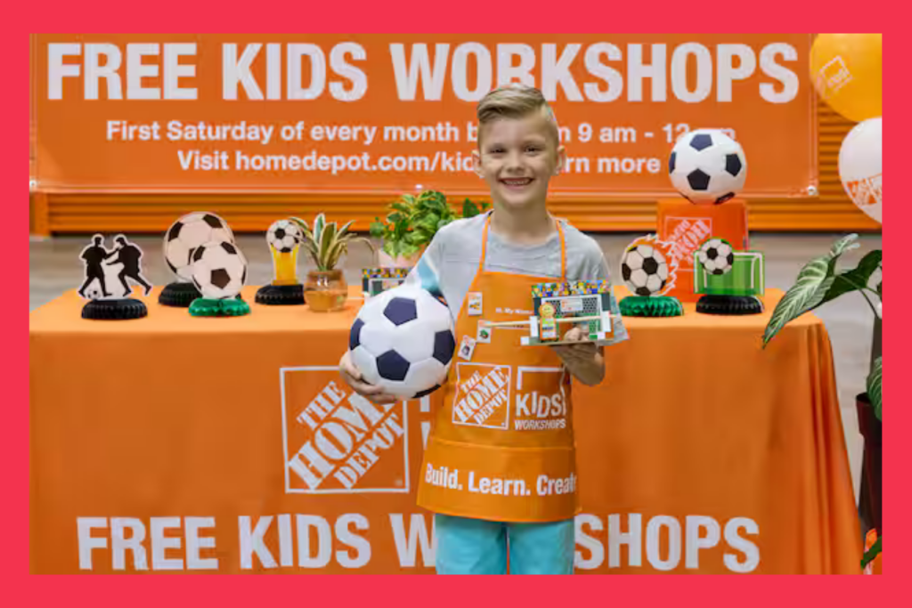 Free kids workshop banner hangs behind a young boy who shows his soccer creation at the Home Depot
