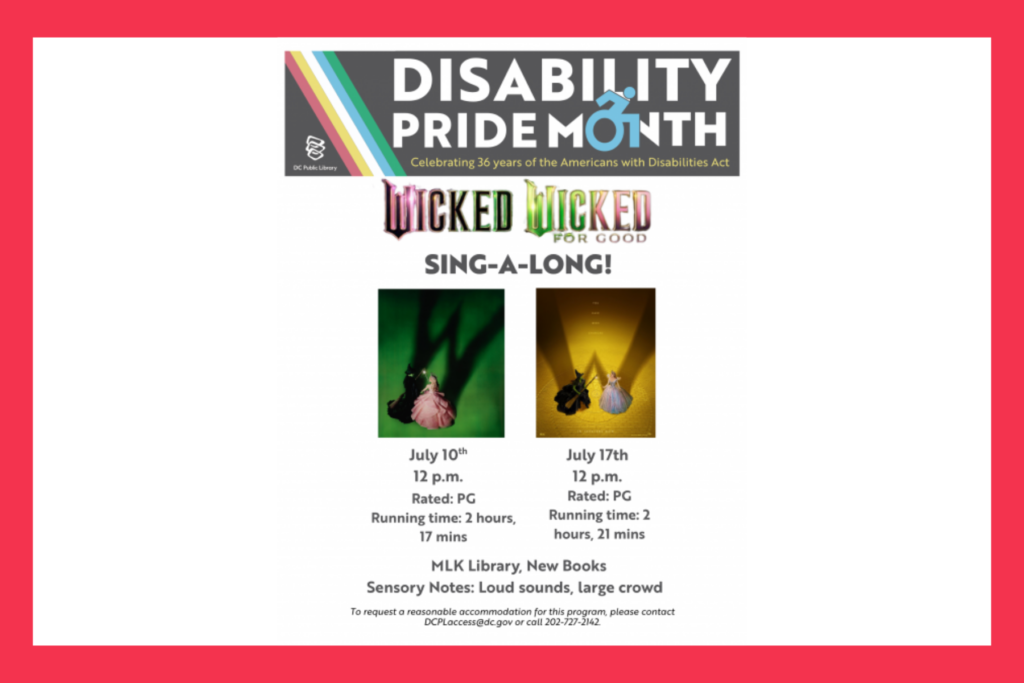 flyer for disability pride month with dc public library.