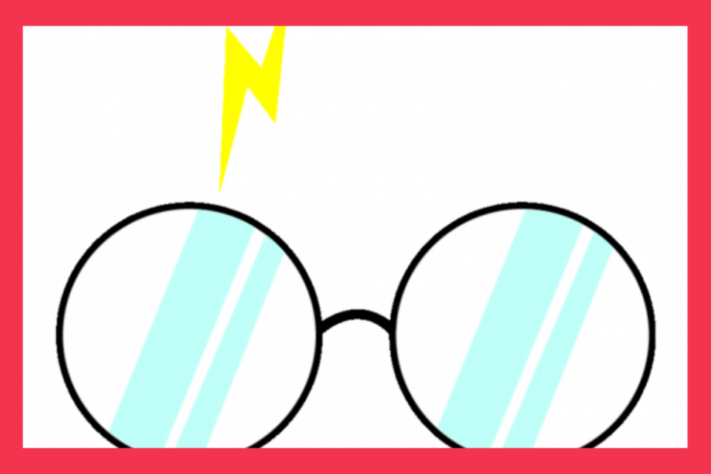round circle glasses with a lightning bolt like Harry Potter graphic.