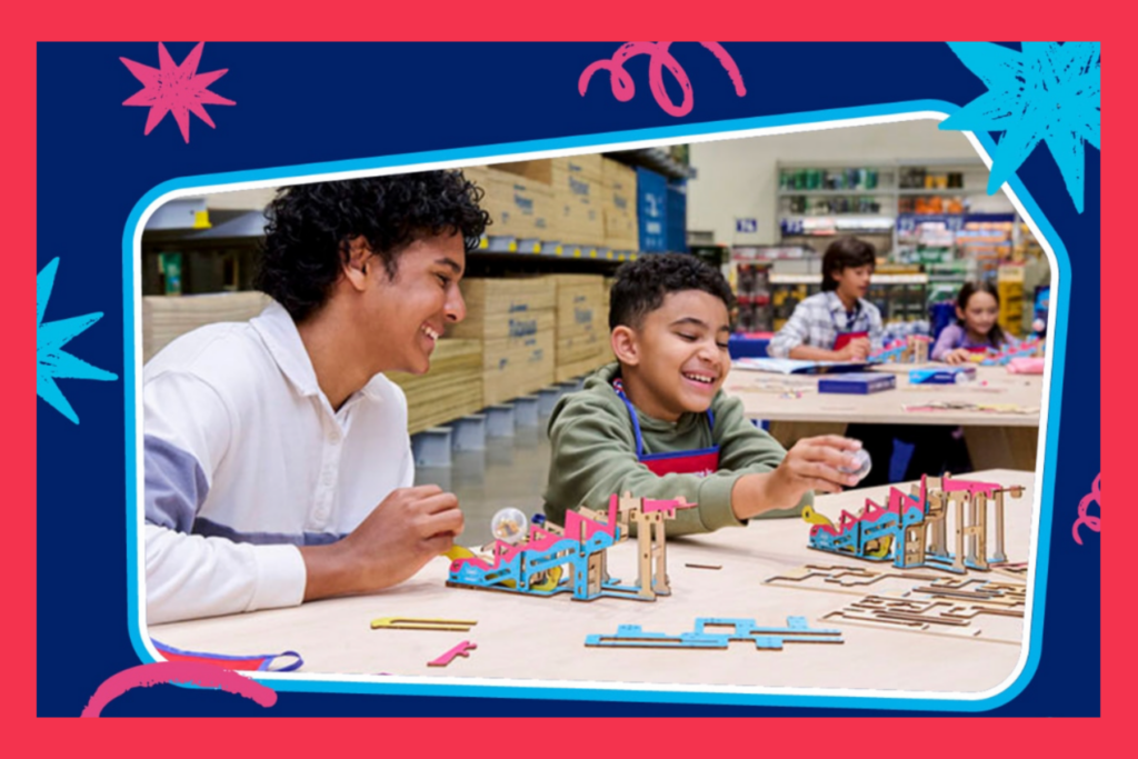 two kids crafting at Lowes Home Improvement