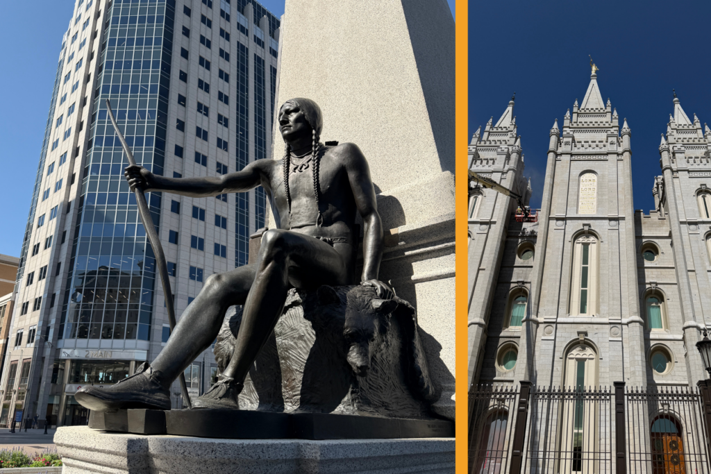 statue and temple with Temple Square in Salt Lake City Utah.