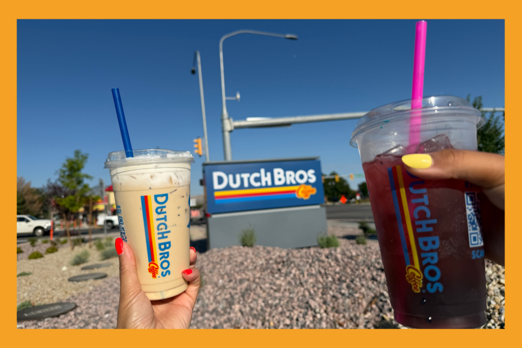 2 dutch bros. specialty iced coffee drinks infant of the outdoor sign.