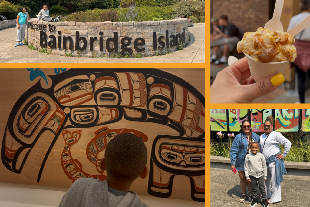 Family exploring Bainbridge Island, including the welcome sign, carved artwork at the art museum, fresh-fruit ice cream and a colorful outdoor mural.