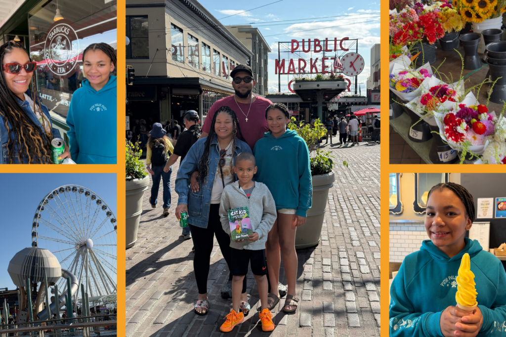 Family exploring downtown Seattle with kids, including Pike Place Market, the original Starbucks, colorful flower stalls, the Seattle Great Wheel and pineapple Dole Whip.