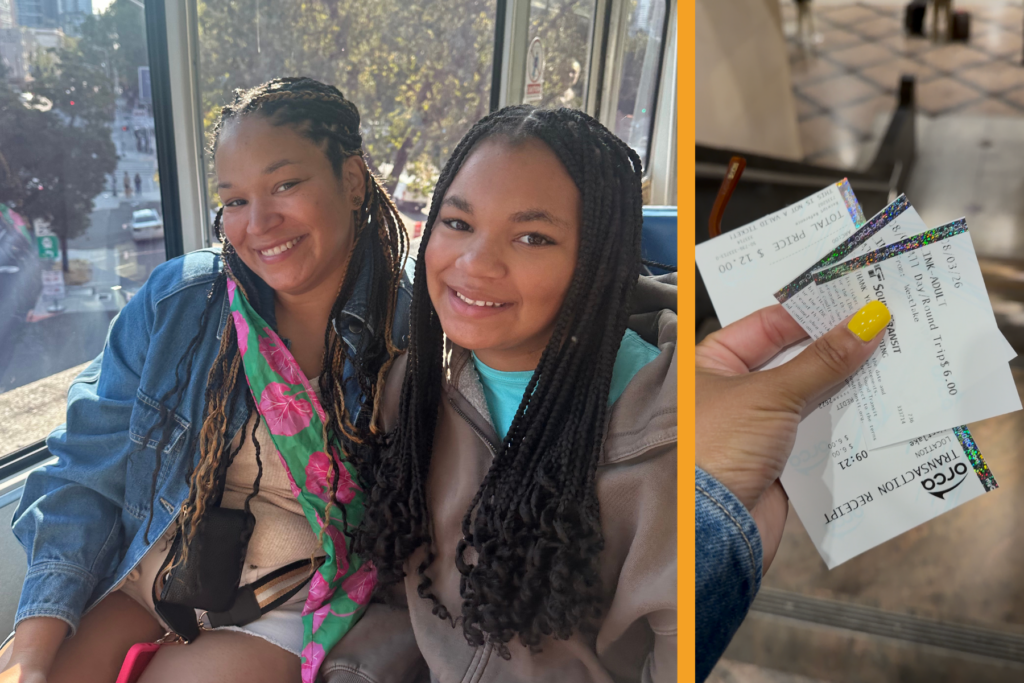 Mother and daughter riding Seattle public transit beside a close-up of their Monorail and Link light-rail tickets.