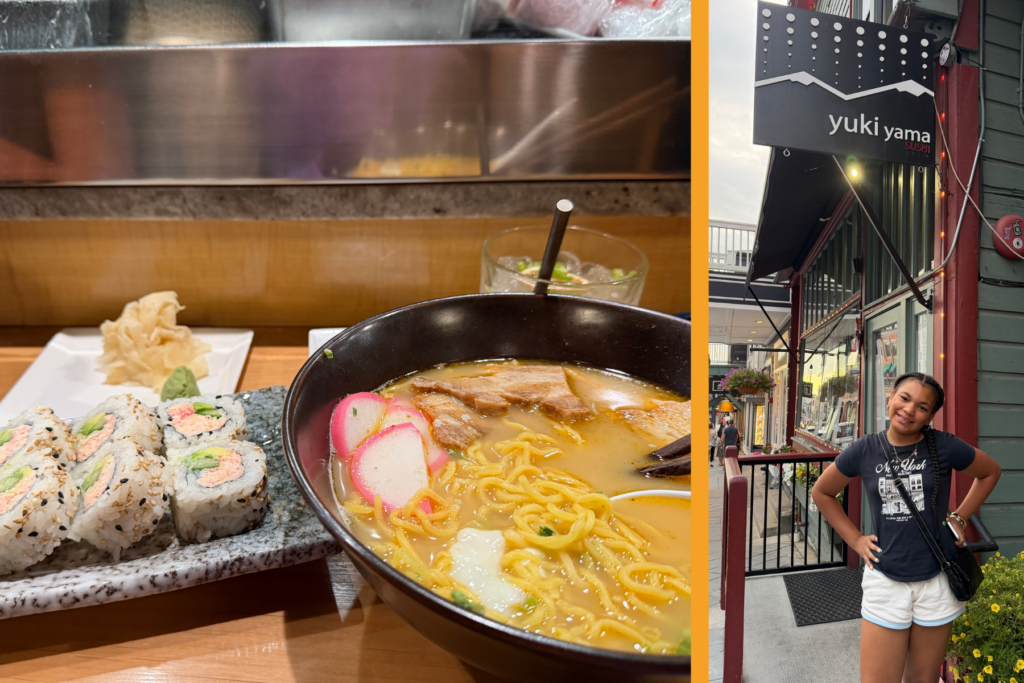 sushi and ramen meal in park city, Utah plus a girl stands in front of the restaurant's main entrance.