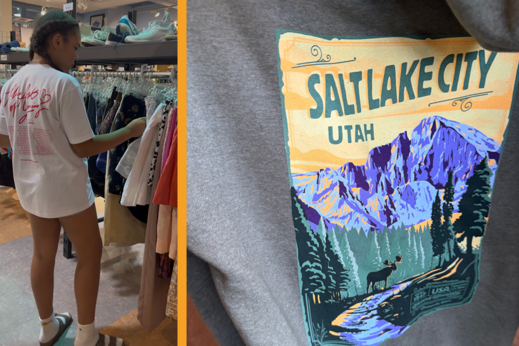 Salt Lake City Utah hoodie plus a girl shopping vintage racks in Park City, Utah.