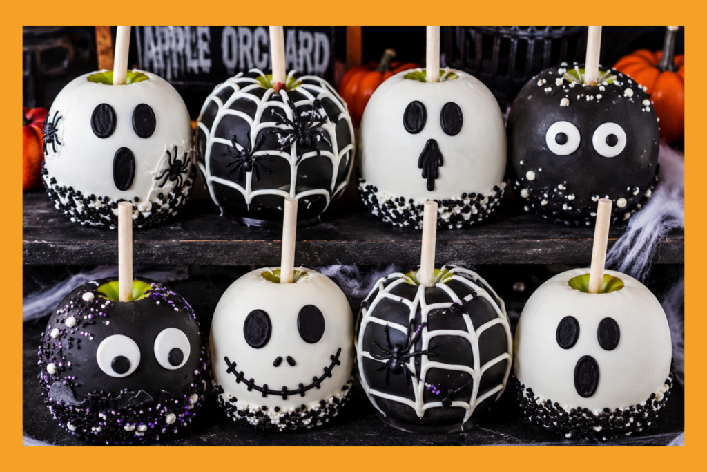decorated candy apples for halloween.